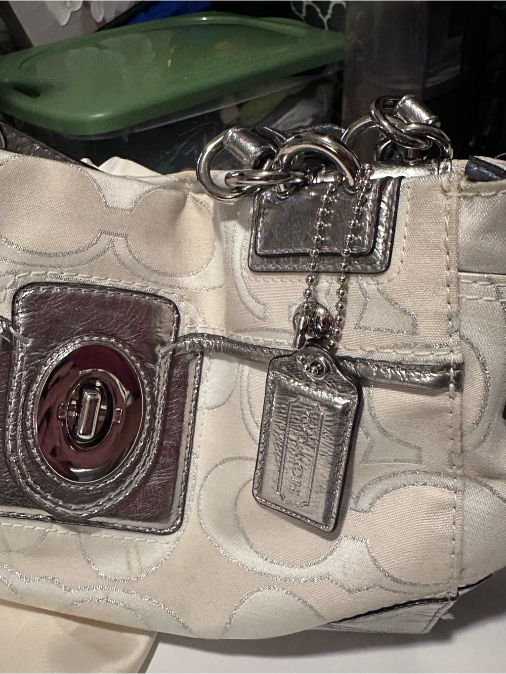 Coach Metallic Silver Signature Turnlock Satchel Y2K Handbag - Picture 5 of 15